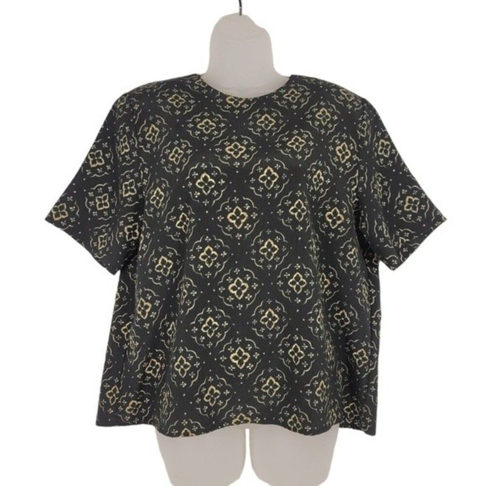 Christie & Jill Womens Black & Tan  Geometric Short Sleeve Blouse SZ L